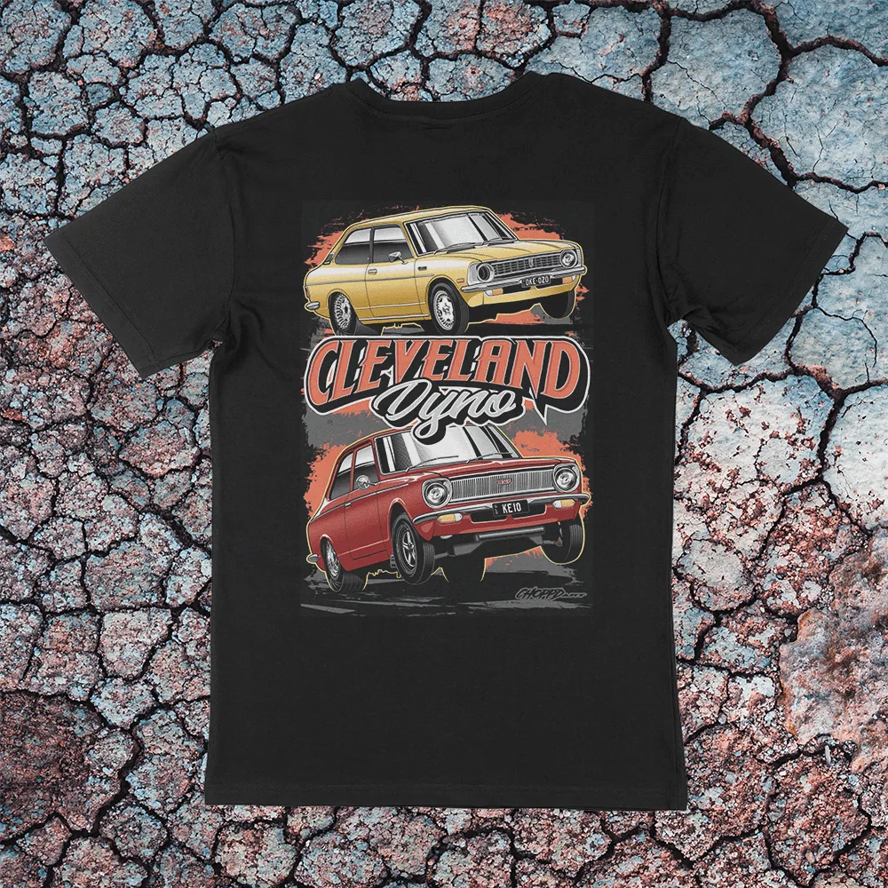 Black Cleveland Dyno Corolla T-shirt with illustrated cars