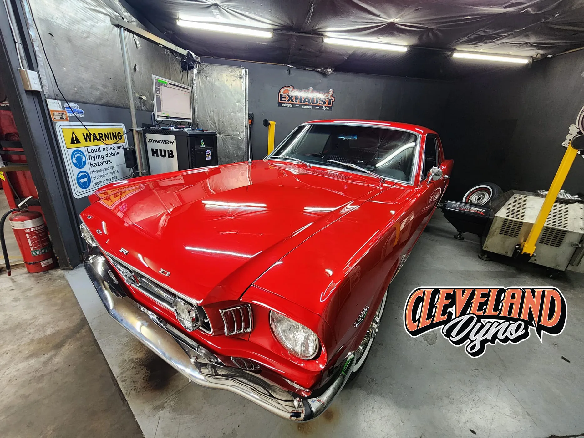 Red Mustang in the Cleveland Dyno workshop